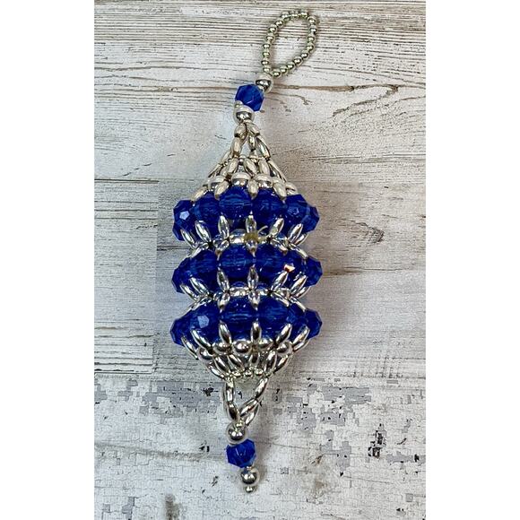 Handmade 5.5" VINTAGE BEADED Chandelier Style CHRISTMAS ORNAMENT Blue/Silver - Picture 1 of 3